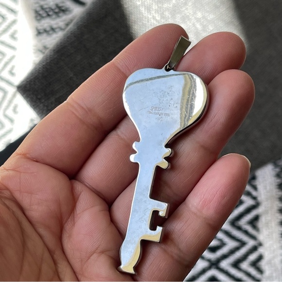 BLUE STEEL | Star Cross Key Stainless Steel Wood Inlay CZ Heart Key Pendant - Picture 7 of 10